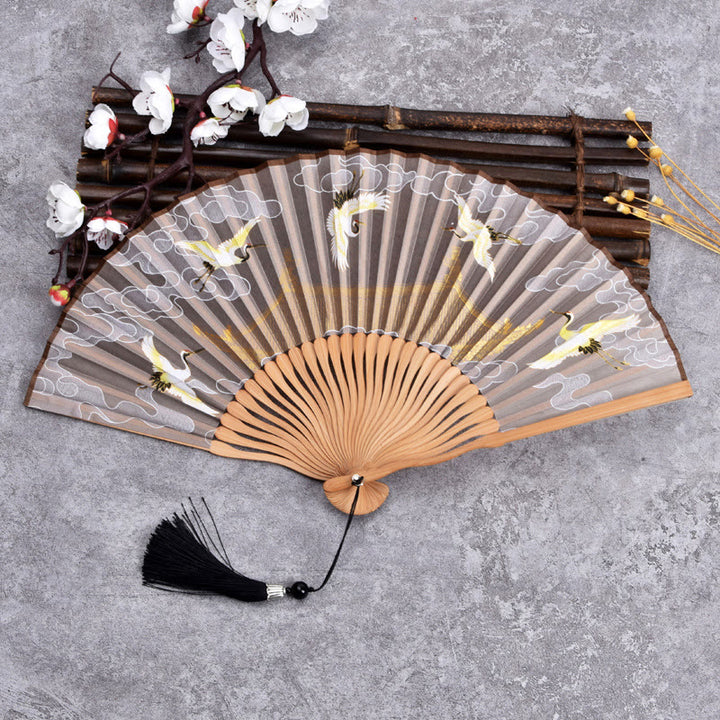 Buddha Stones Vintage Cloud Crane Pattern Handheld Bamboo Folding Fan - Khaki - image 6