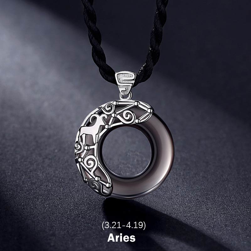 Buddha Stones 12 Constellations of the Zodiac Ice Obsidian Blessing Round Pendant Necklace - Aries - Rope - image 0