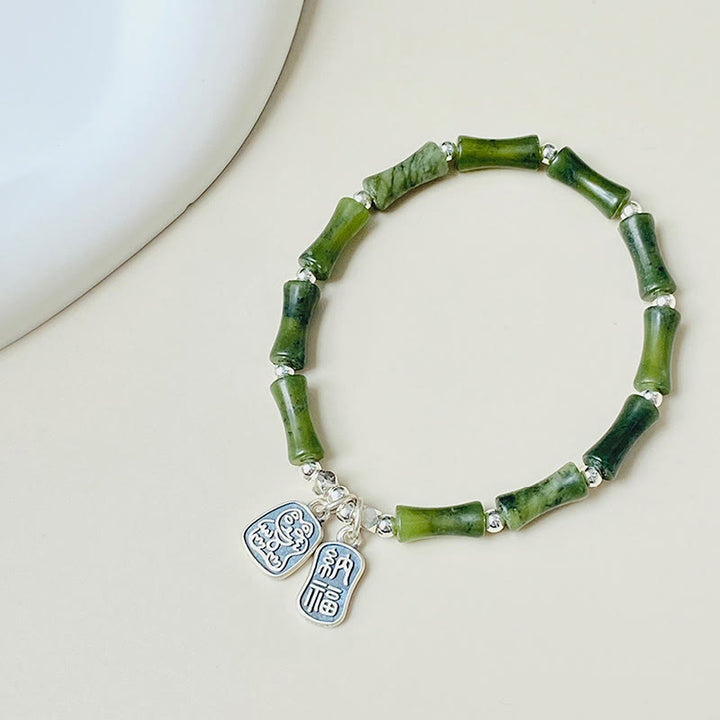Buddha Stones 925 Sterling Silver Bamboo Jade Lucky Cat Fu Character Luck Abundance Bracelet - image 8
