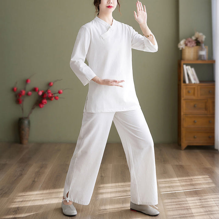 Buddha Stones 2Pcs Long Sleeve V-Neck Shirt Top Pants Meditation Zen Tai Chi Cotton Linen Clothing Women's Set