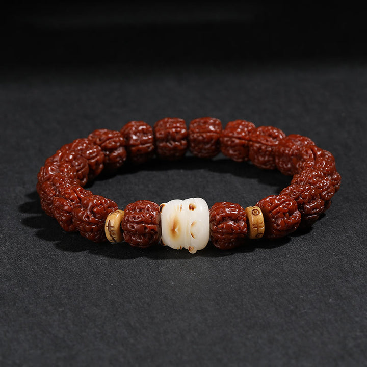 Buddha Stones Tibet Rudraksha Bodhi Seed Dzi Bead Lucky Cat Dancing Lion Wealth Bracelet Wrist Mala