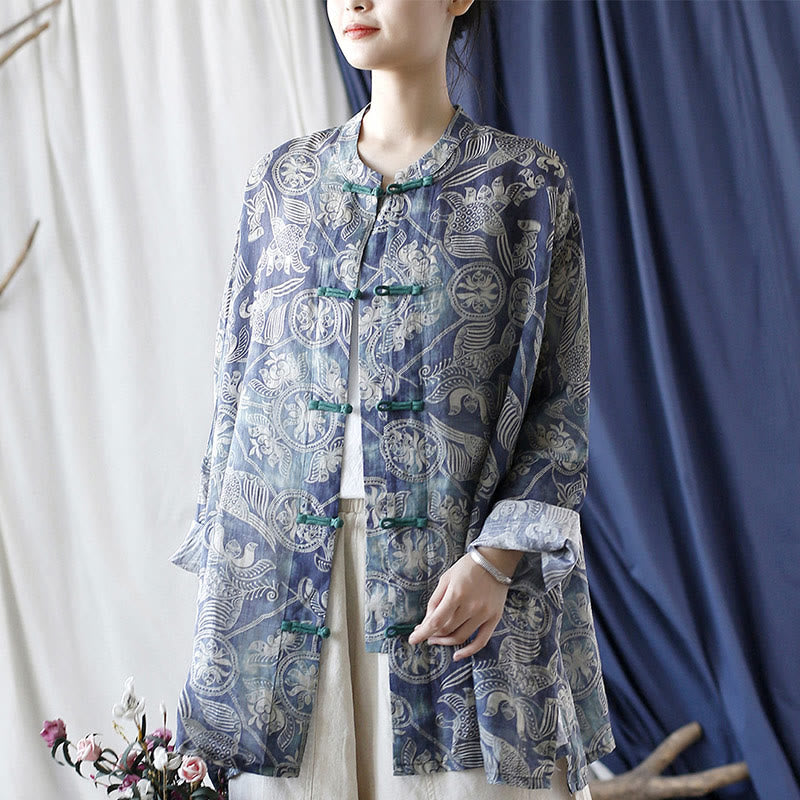 Buddha Stones Birds Flowers Geometry Frog-Button Long Sleeve Ramie Linen Jacket Shirt