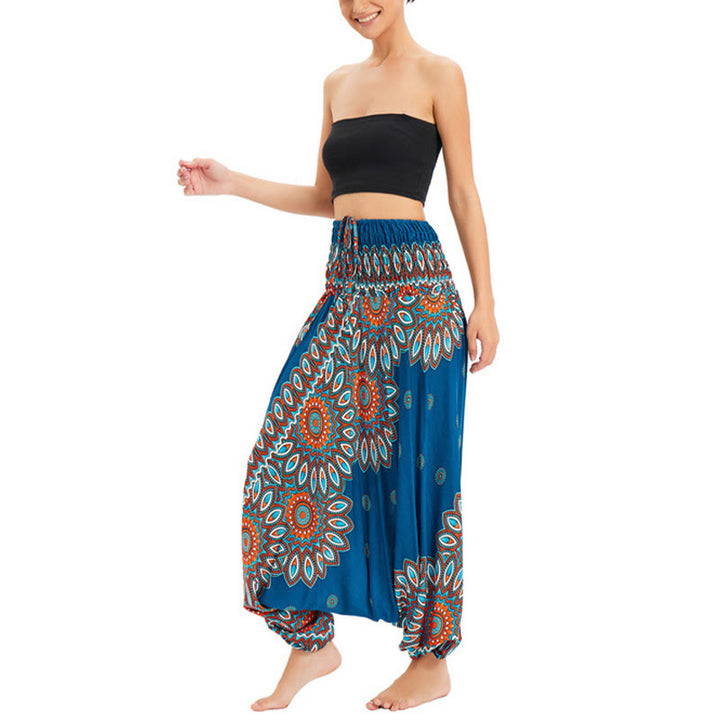 Buddha Stones Two Style Wear Sunflower Loose Smocked Harem Trousers Jumpsuit High Waist Pants