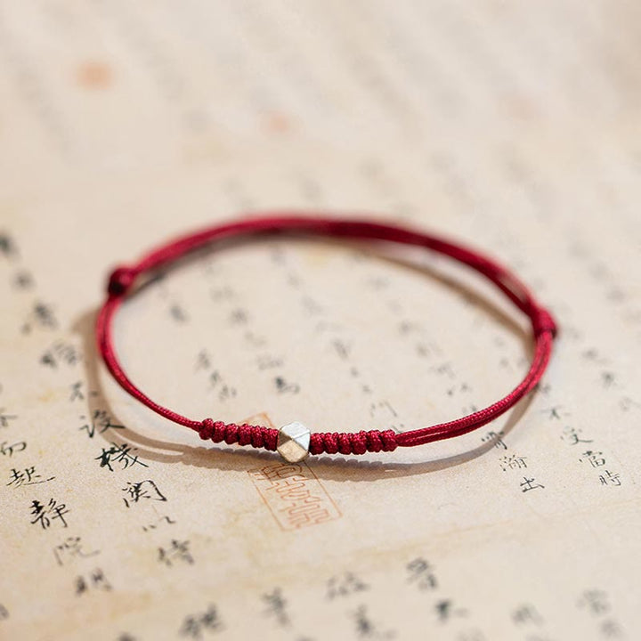 Buddha Stones 925 Sterling Silver Luck Bead Protection Red String Thin Cord Braided Bracelet - Square Bead - Dark Red(Wrist Circumference 14-18cm) - image 0
