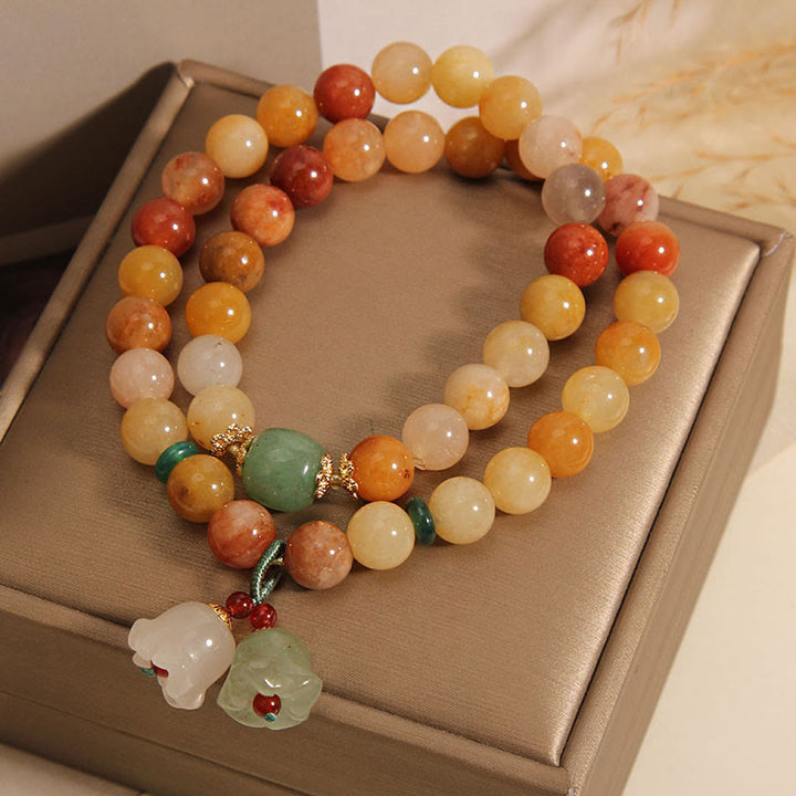 Buddha Stones Tibet Natural Golden Silk Jade Double Layer Bell Orchid Luck Bracelet