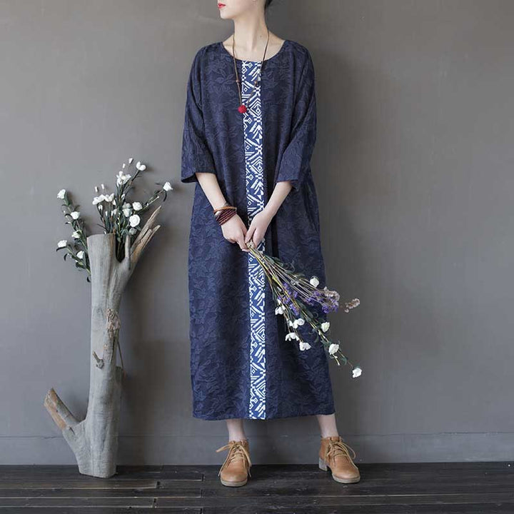 Buddha Stones Blue Flowers Embroidery Jacquard Midi Dress Three Quarter Sleeve Cotton Dress With Pockets