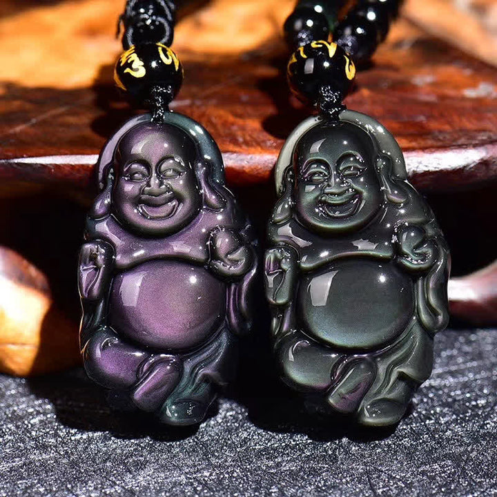 Natural Rainbow Obsidian Laughing Buddha Inner Peace Necklace Pendant - Rainbow Obsidian&Bead String - image 1