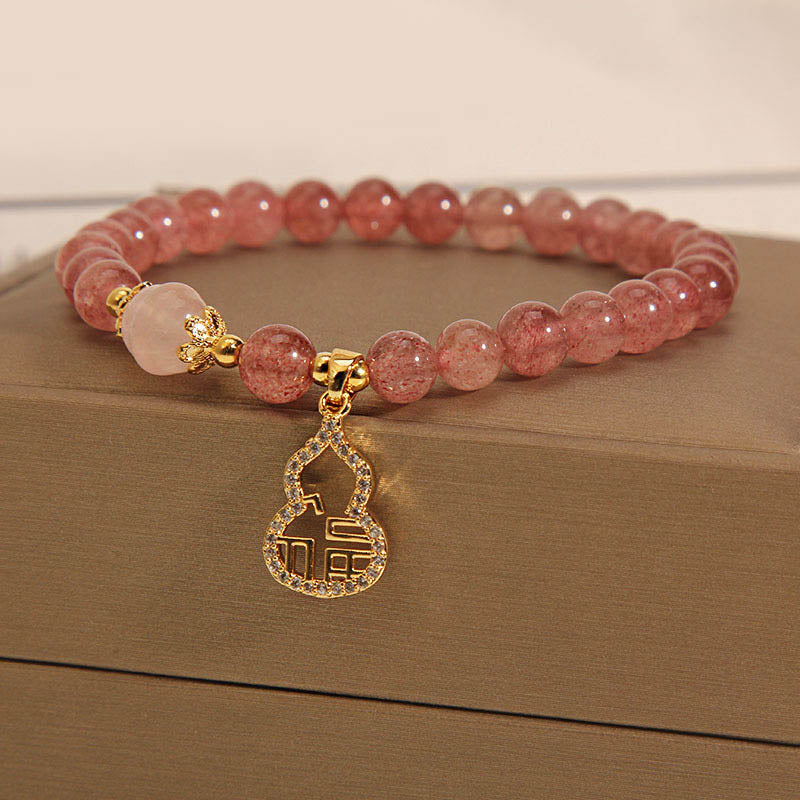 Buddha Stones Strawberry Quartz Gourd Fu Character Charm Positive Bracelet