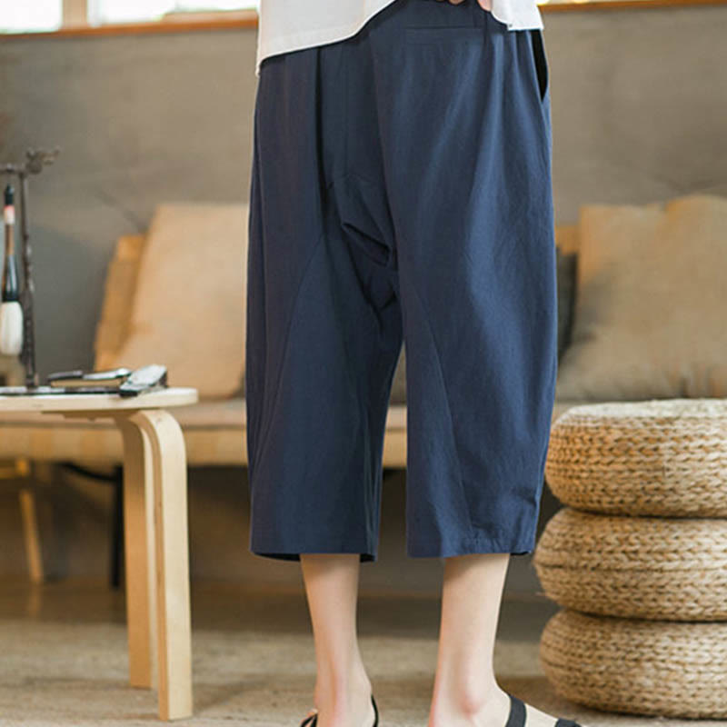 Buddha Stones Solid Color Mid-Length Wide Leg Pants Cotton Men's Wide Leg Pants With Pockets