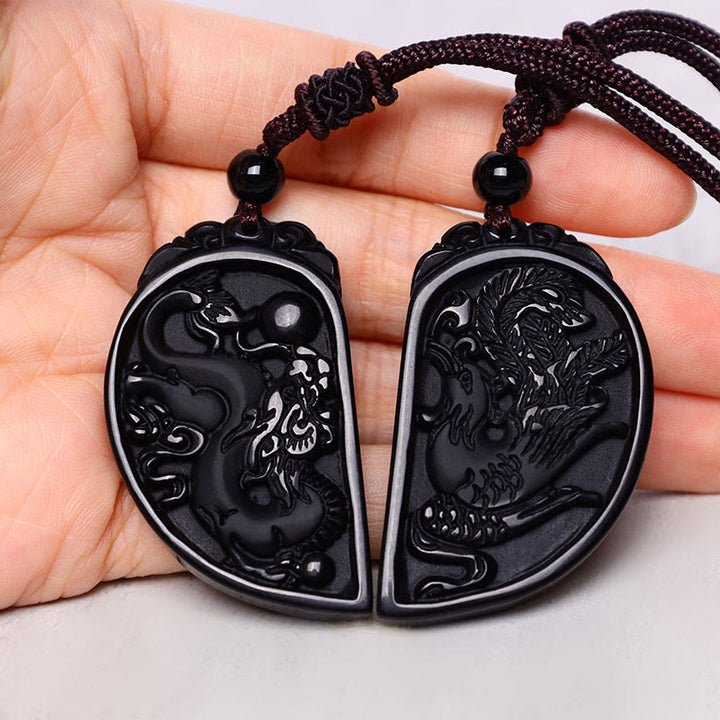Buddha Stones Black Obsidian Love Dragon Phoenix Protection Necklace Pendant - image 3
