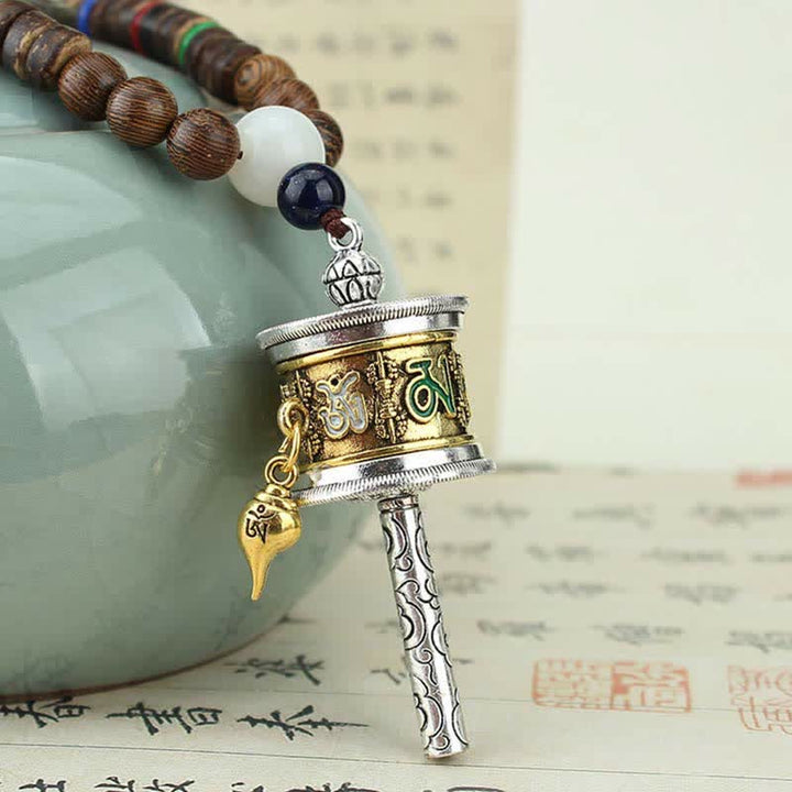 Buddha Stones Tibetan Om Mani Padme Hum Prayer Wheel Rotation Vajra Wood Necklace Pendant - image 3