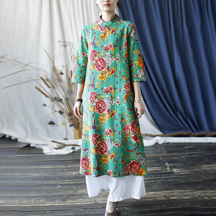 Buddha Stones Red Blue Peony Midi Dress Half Sleeve Cotton Linen Dress Wide Leg Pants With Pockets