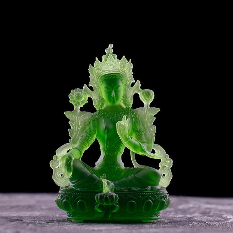 Bodhisattva Green Tara Handmade Liuli Crystal Art Piece Protection Home Office Statue Decoration - 8*6*12.8cm - Green Tara - image 1