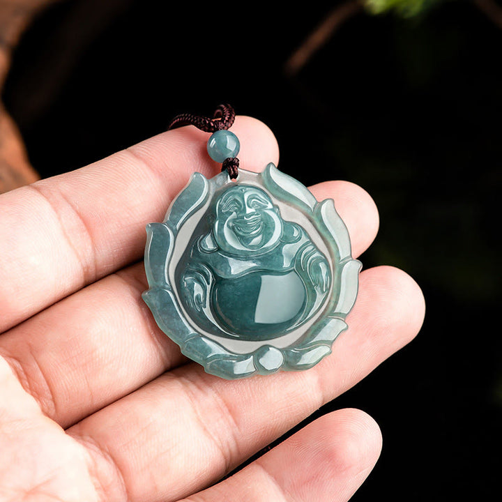 Buddha Stones Natural Jade Laughing Buddha Lotus Pattern Luck Necklace Pendant - image 4