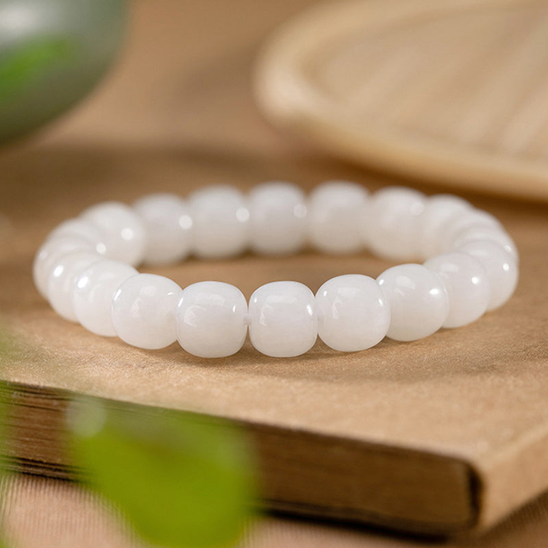 Buddha Stones Hetian White Jade Happiness Blessing Bracelet - image 3
