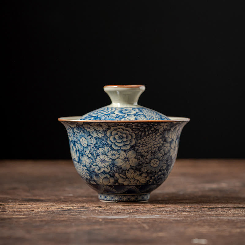 Buddha Stones Vintage Blue And White Porcelain Peach Blossom Lotus Peony Ceramic Gaiwan Sancai Teacup Kung Fu Tea Cup And Saucer With Lid - 10cm*9cm*160ml - image 12