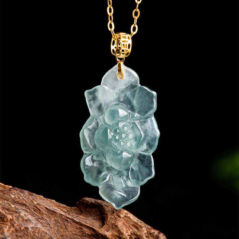 Buddha Stones 18K Gold Natural Jade Lotus Pattern Prosperity Necklace Pendant - image 7