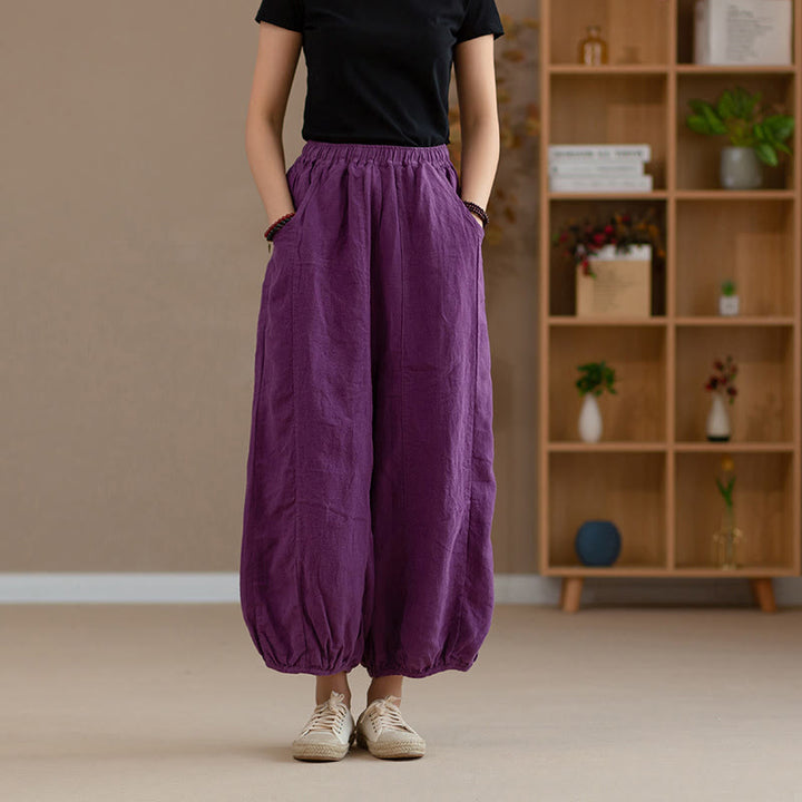 Buddha Stones Ramie Linen Flexible Waistband Yoga Harem Pants With Pockets