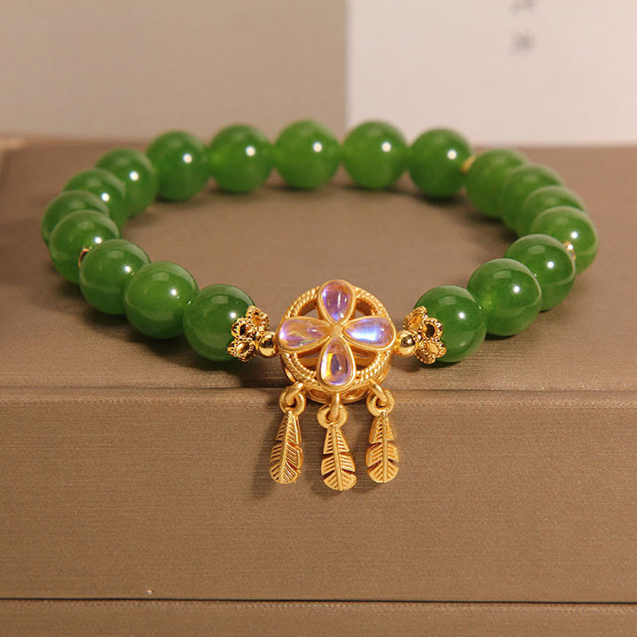 Buddha Stones Green Jade Dreamcatcher Four Leaf Clover Luck Bracelet