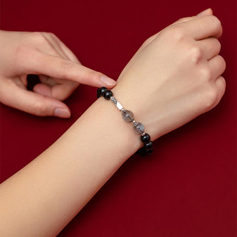 925 Sterling Silver Obsidian Moonstone Strength Couple Bracelet - image 2
