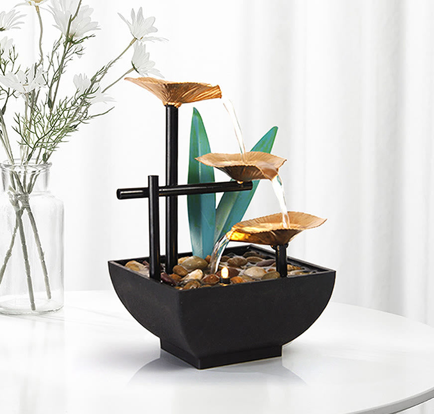 Three Layers Waterfall Fountain Tabletop Lotus Ornaments With River Rocks Desktop Decoration - Gold - AU Standard - image 7