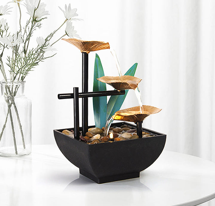 Three Layers Waterfall Fountain Tabletop Lotus Ornaments With River Rocks Desktop Decoration - Gold - AU Standard - image 7