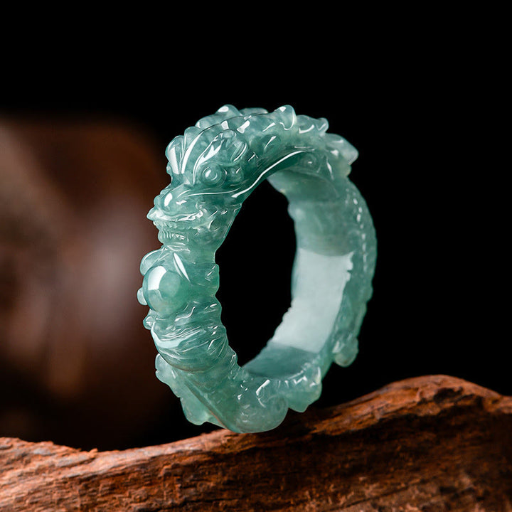 Buddha Stones Natural Jade Dragon Success Ring