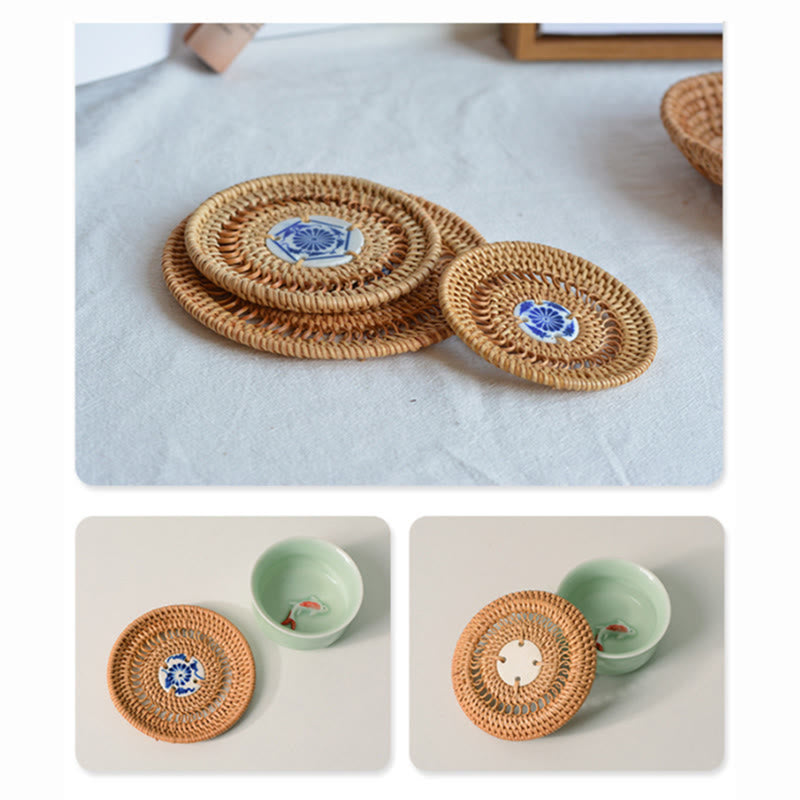 Ceramic Flower Pattern Rattan Cup Mat Tea Cup Coaster - image 5