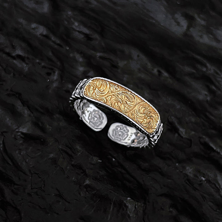 Tang Dynasty Flower Design Engraved Copper Luck Cuff Bracelet Bangle Adjustable Ring - Gold Tang Dynasty Flower Design - Ring - image 4