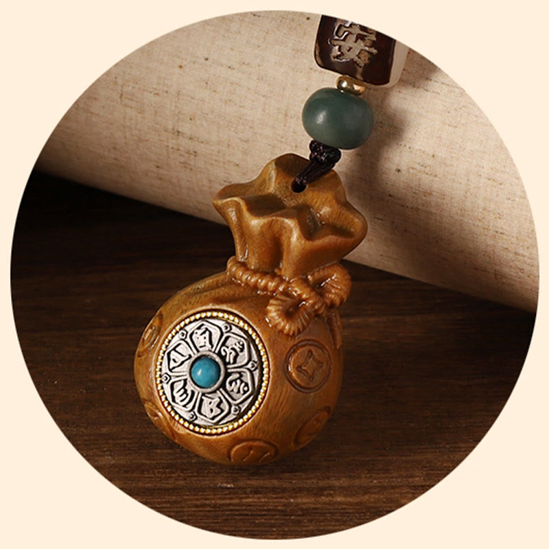 Buddha Stones Small Leaf Red Sandalwood Green Sandalwood Money Bag Om Mani Padme Hum Rotatable Protection Keychain Phone Hanging Decoration - image 16