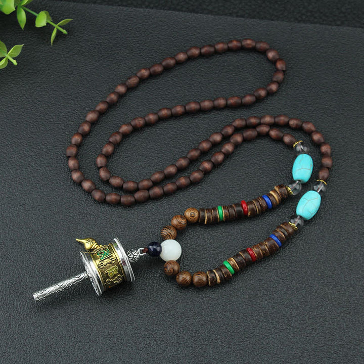 Buddha Stones Tibetan Om Mani Padme Hum Prayer Wheel Rotation Vajra Wood Necklace Pendant - image 5