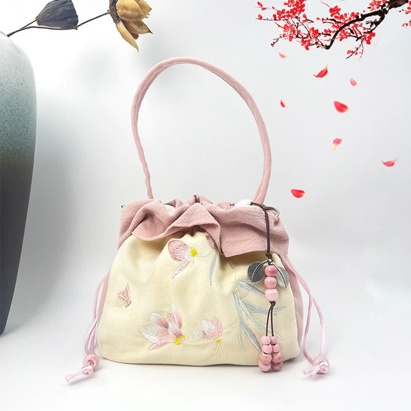 Buddha Stones Suzhou Embroidery Lotus Epiphyllum Magnolia Cotton Linen Tote Crossbody Bag Shoulder Bag Handbag