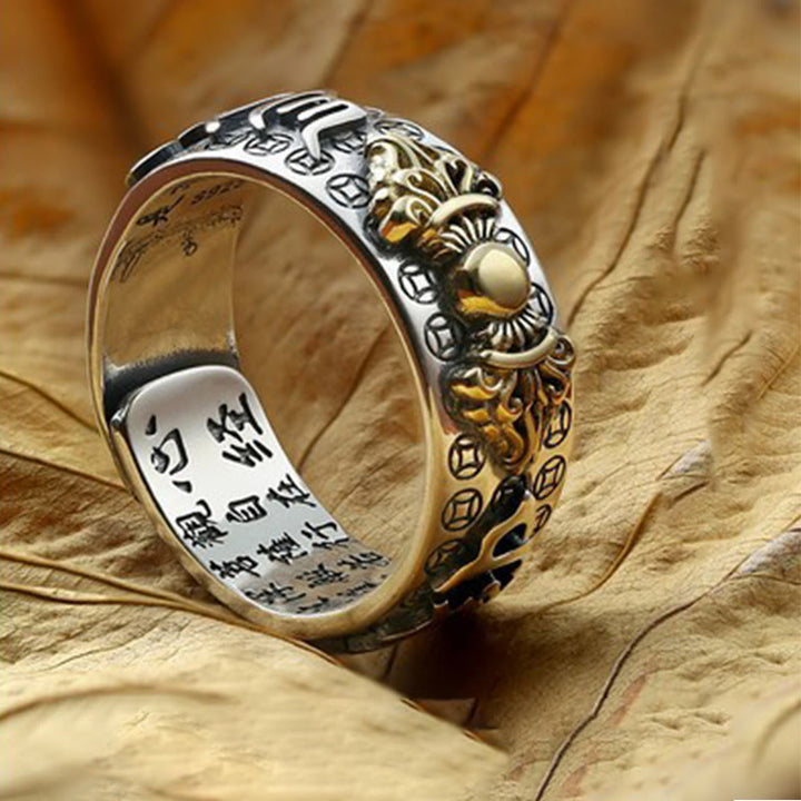 Buddha Stones Tibetan 990 Sterling Silver Om Mani Padme Hum PiXiu Dorje Vajra Heart Sutra Engraved Wealth Ring - Gold - Dorje Vajra - image 13