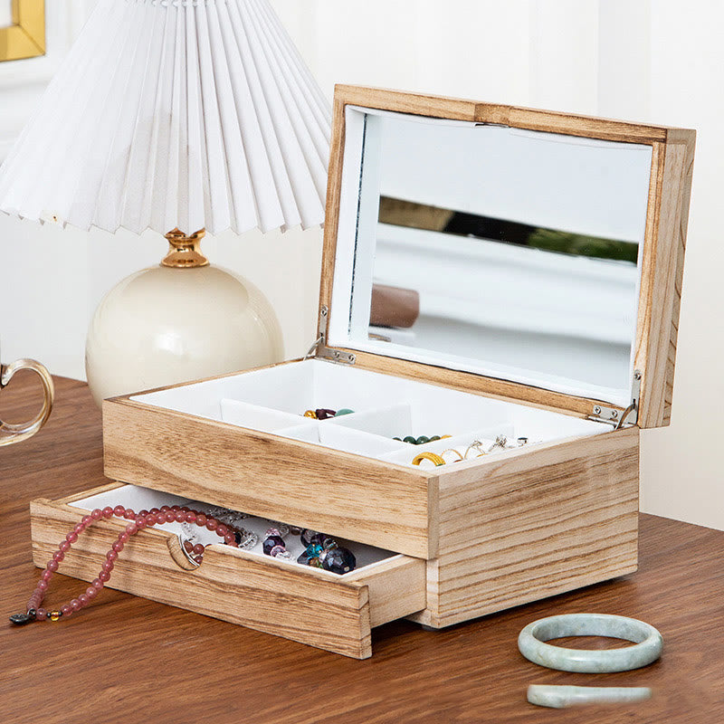 Buddha Stones Retro Beige Wooden Jewelry Box Two-Layer Jewelry Storage Box With Mirror - image 2