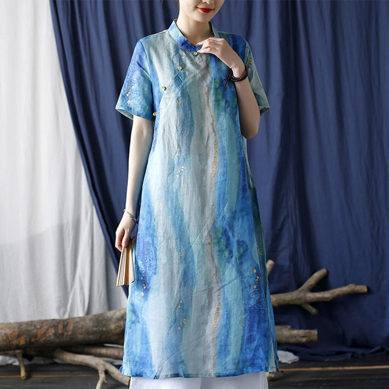 Buddha Stones Ramie Blue Digital Printing Cheongsam Dresses Short Sleeve Linen Dress