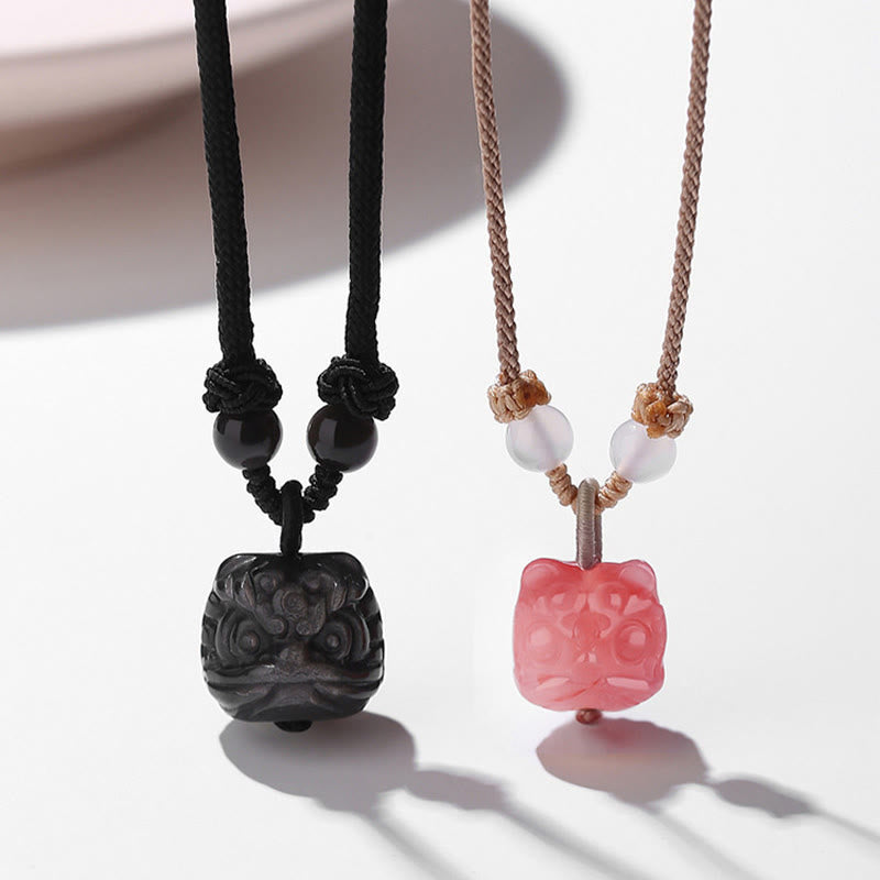 Buddha Stones Natural Silver Sheen Obsidian Red Agate Dancing Lion Protection Necklace Pendant - image 0