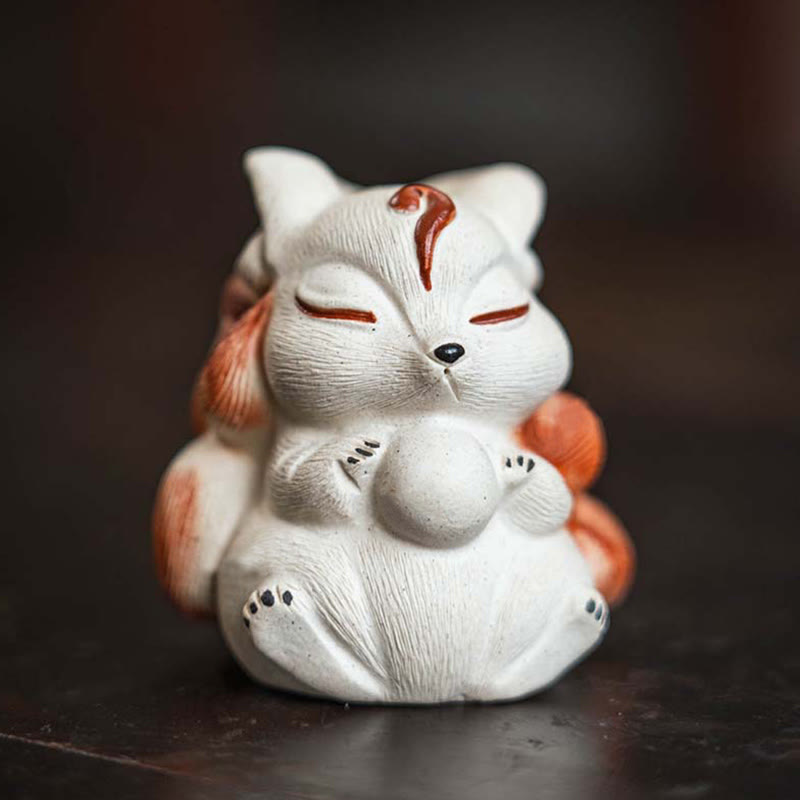 Buddha Stones Mini Nine Tailed Fox Purple Clay Luck Desk Decoration