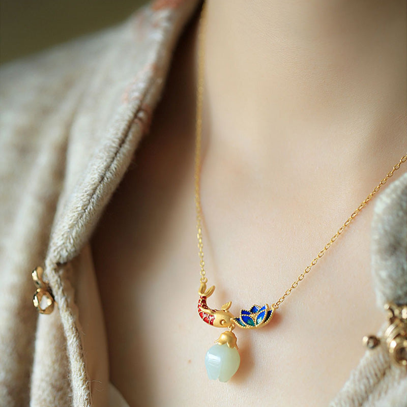 Buddha Stones 925 Sterling Silver White Jade Koi Fish Lotus Protection Necklace Pendant - image 4