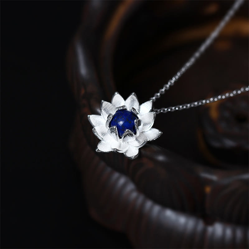 Buddha Stones 925 Sterling Silver Lazurite Lotus Flower Self Care Necklace Pendant - image 1