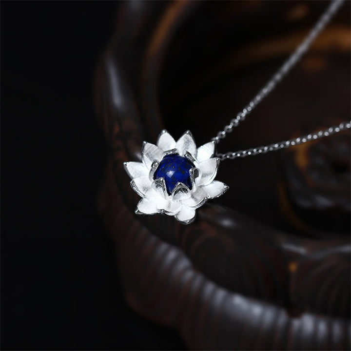 Buddha Stones 925 Sterling Silver Lazurite Lotus Flower Self Care Necklace Pendant - image 1