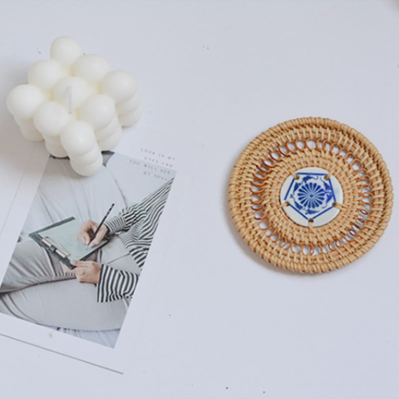 Ceramic Flower Pattern Rattan Cup Mat Tea Cup Coaster - image 12