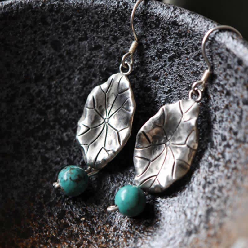 925 Sterling Silver Turquoise Lotus Leaf Protection Drop Dangle Earrings - image 5
