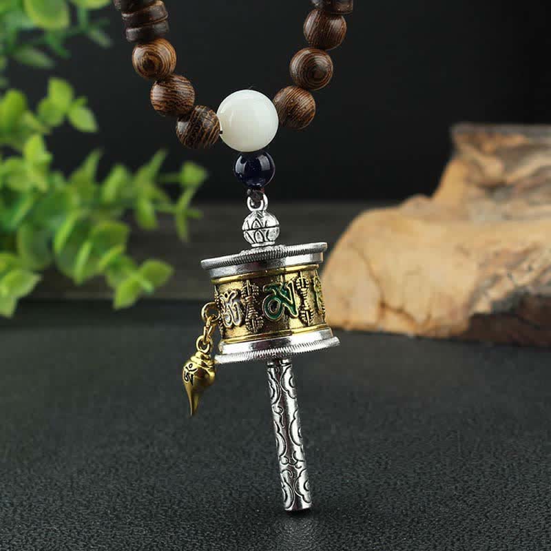 Buddha Stones Tibetan Om Mani Padme Hum Prayer Wheel Rotation Vajra Wood Necklace Pendant - image 2