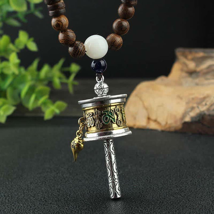 Buddha Stones Tibetan Om Mani Padme Hum Prayer Wheel Rotation Vajra Wood Necklace Pendant - image 2