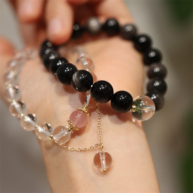 Natural Silver Sheen Obsidian Pink Crystal White Crystal Protection Yin Yang Color Couple Bracelet - image 0