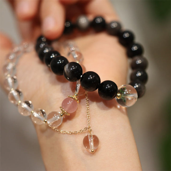 Natural Silver Sheen Obsidian Pink Crystal White Crystal Protection Yin Yang Color Couple Bracelet - image 0