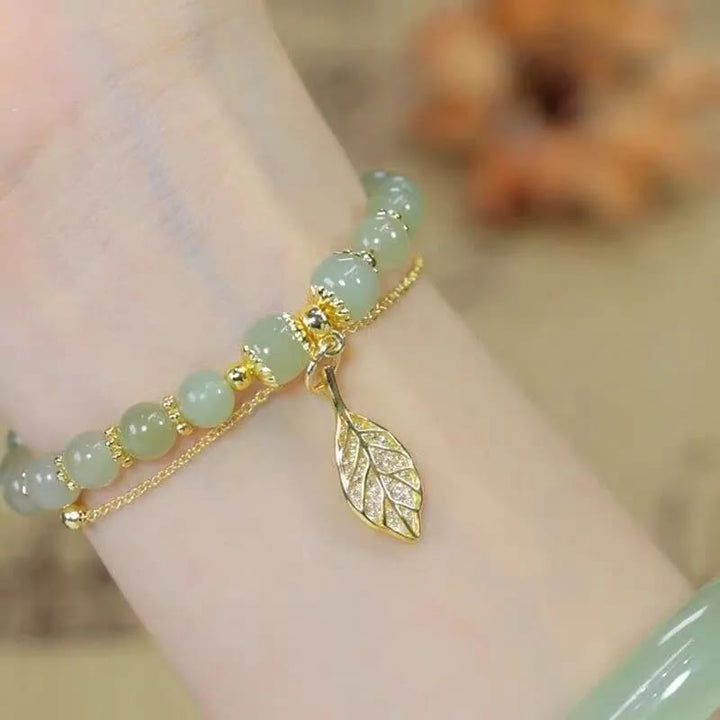 Buddha Stones Jade Leaf Ginkgo Tulip Peanut Fu Character Luck Beaded Bracelet - image 5