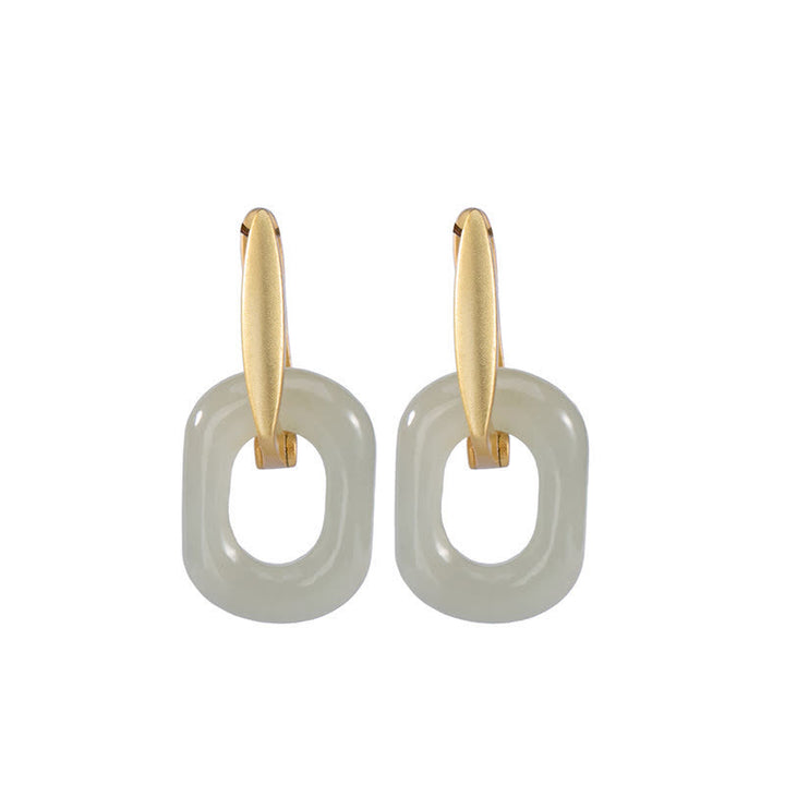 925 Sterling Silver Round White Jade Happiness Blessing Earrings - image 9