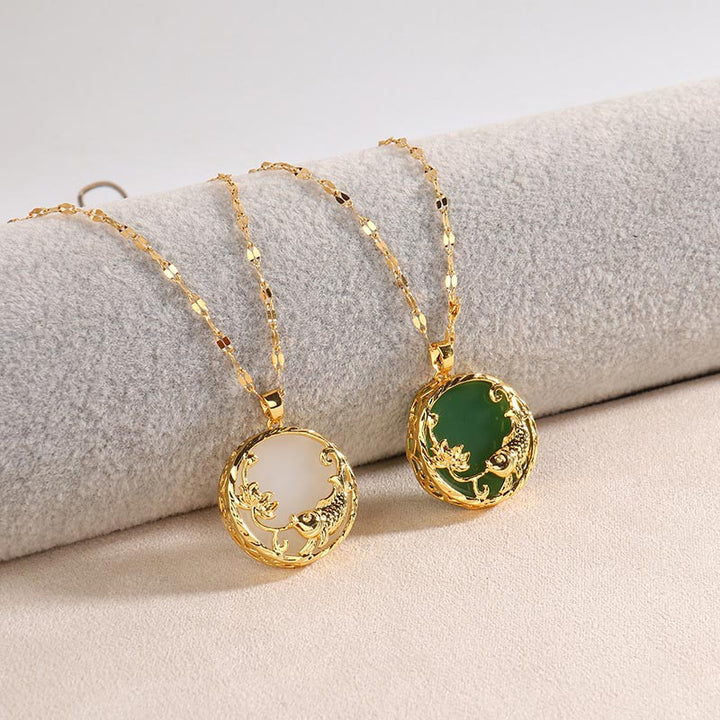 Buddha Stones Natural Jade Koi Fish Lotus Luck Necklace Pendant - image 9