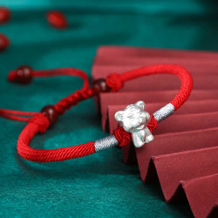 Buddha Stones 999 Sterling Silver Chinese Zodiac Luck Strength Red String Bracelet - Tiger(Bracelet Size 15.5cm+8cm) - image 7